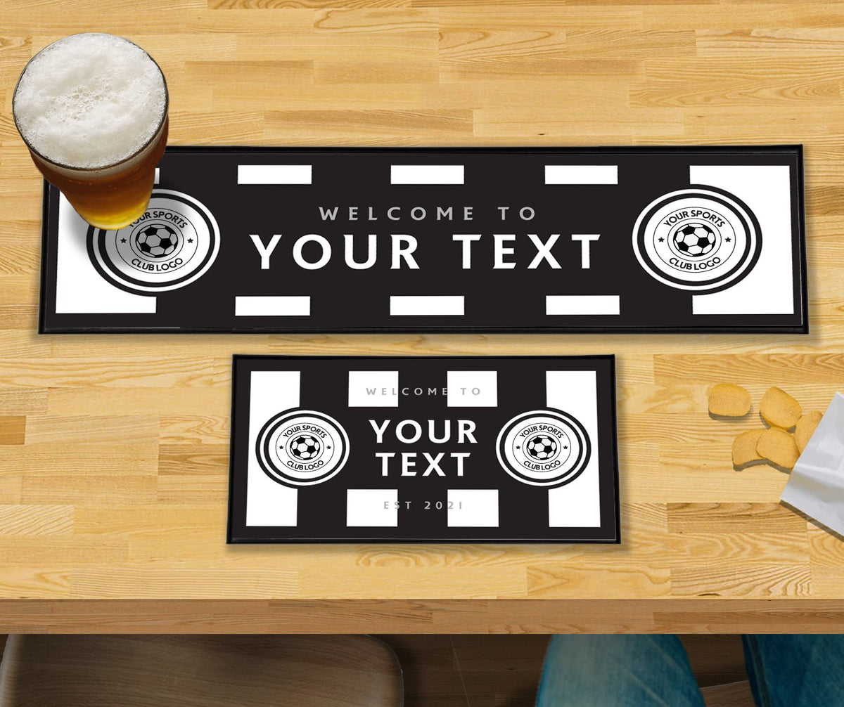 Personalised black and white stripes club bar mat – large runner and small mat on a home bar