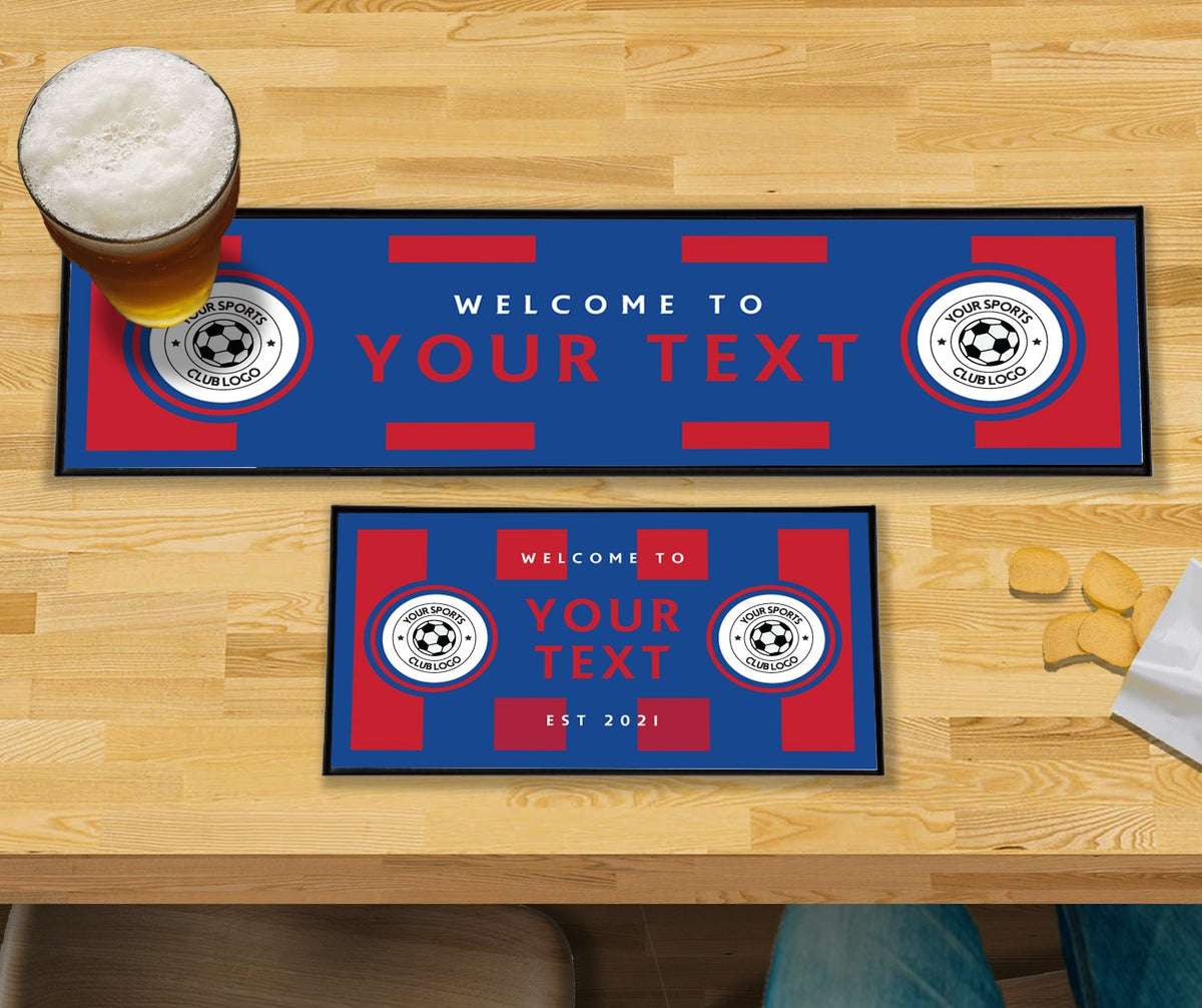 Personalised blue and red club bar mat – large runner and small mat on a home bar