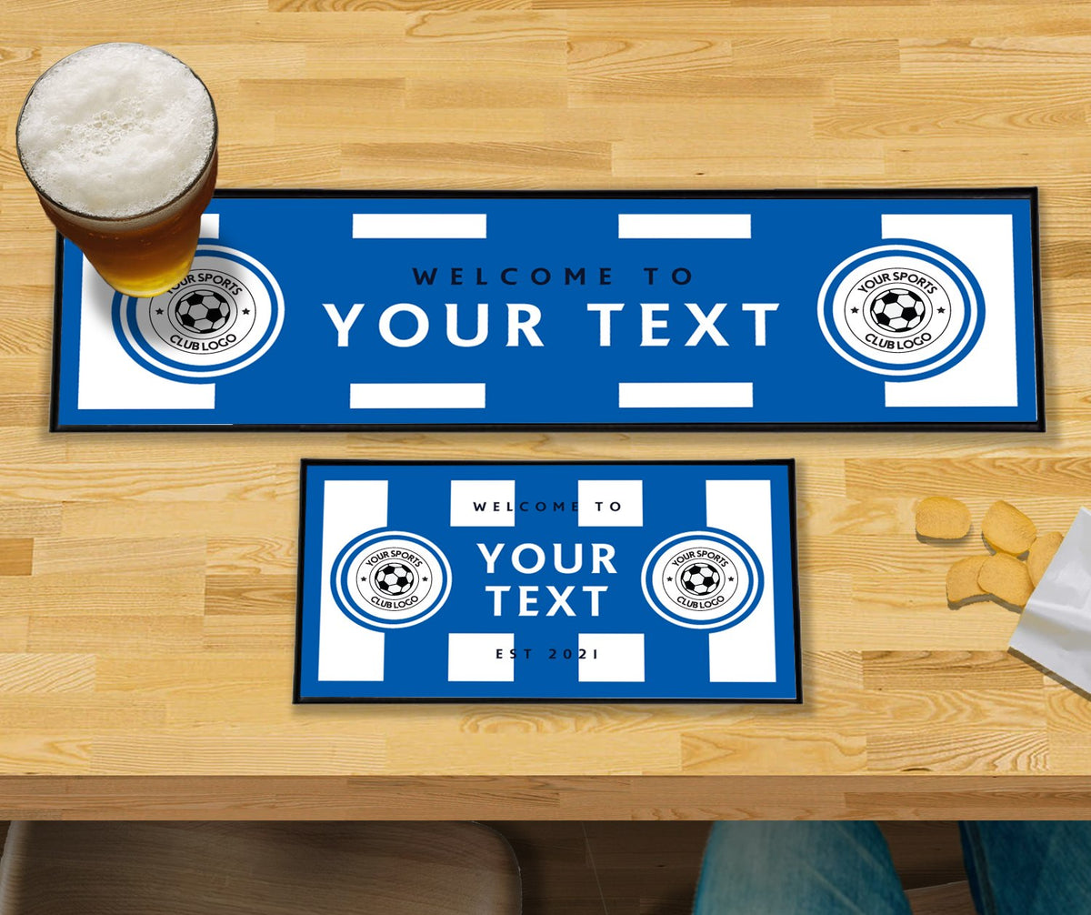 Personalised blue and white stripes club bar mat – large runner and small mat on a home bar