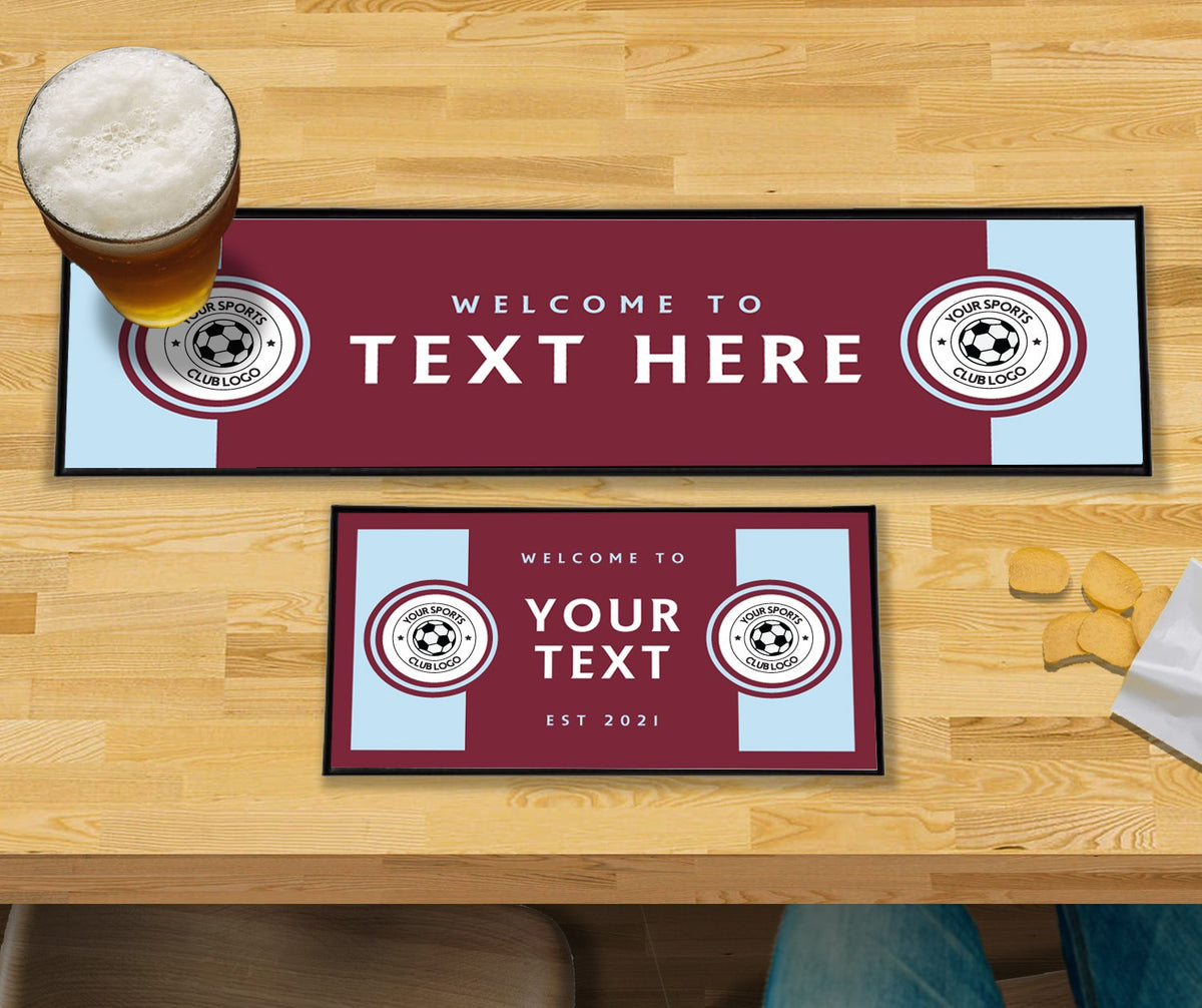 Personalised claret and blue club bar mat – large runner and small mat on a home bar