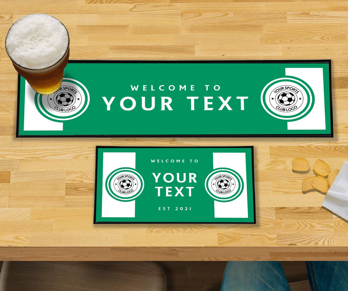 Personalised green and white club bar mat – large runner and small mat on a home bar