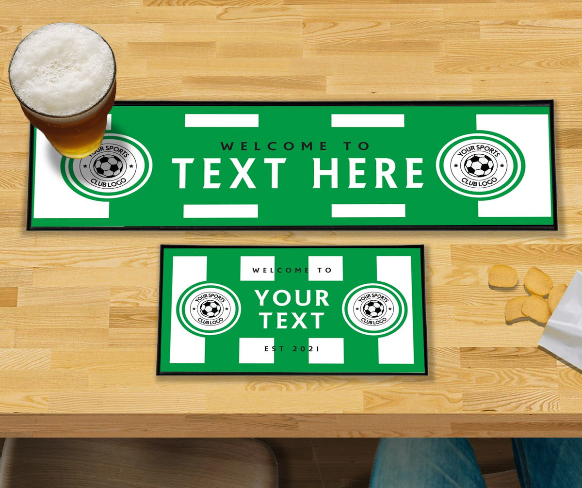 Personalised green and white hoops club bar mat – large runner and small mat on a home bar