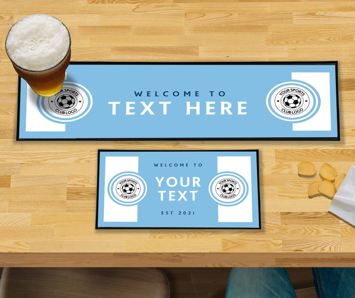Personalised sky blue and white club bar mat – large runner and small mat on a home bar