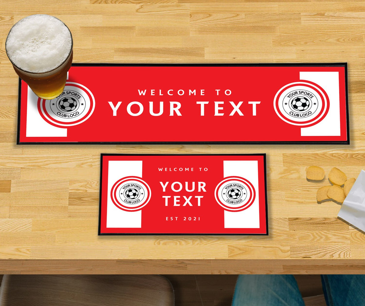 Personalised red and white club bar mat – large runner and small mat on a home bar