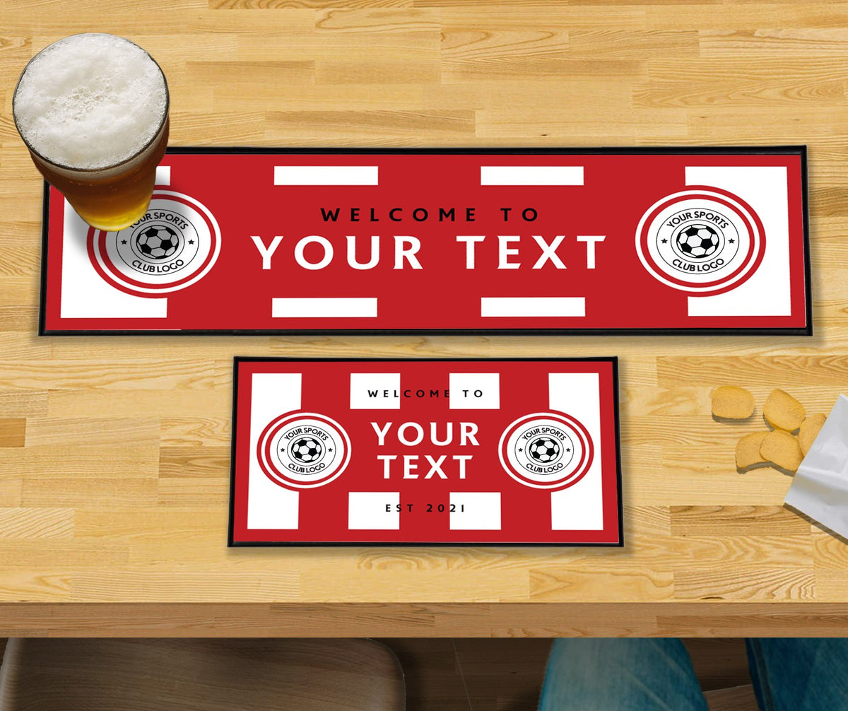 Personalised red and white stripes club bar mat – large runner and small mat on a home bar