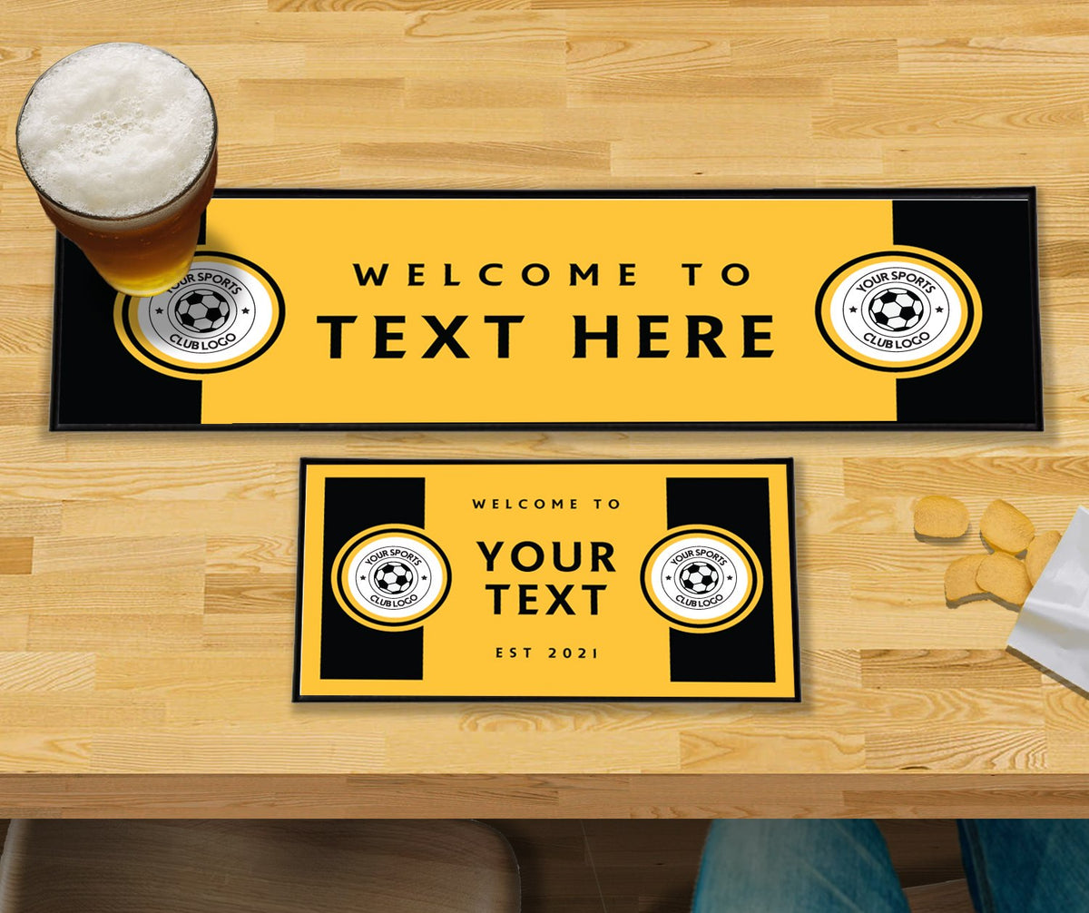 Personalised yellow and black club bar mat – large runner and small mat on a home bar
