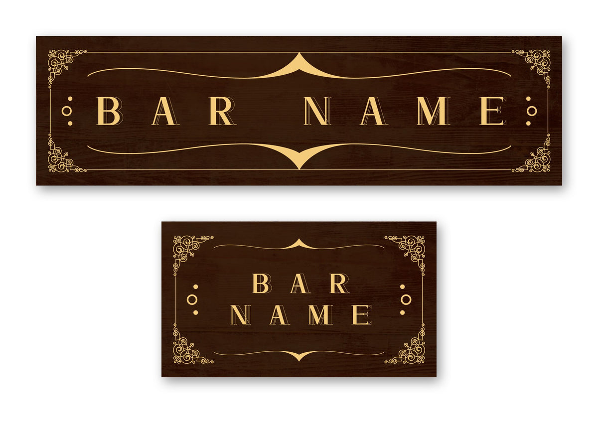 Personalised wood effect bar runner – long runner and small mat, walnut & gold design