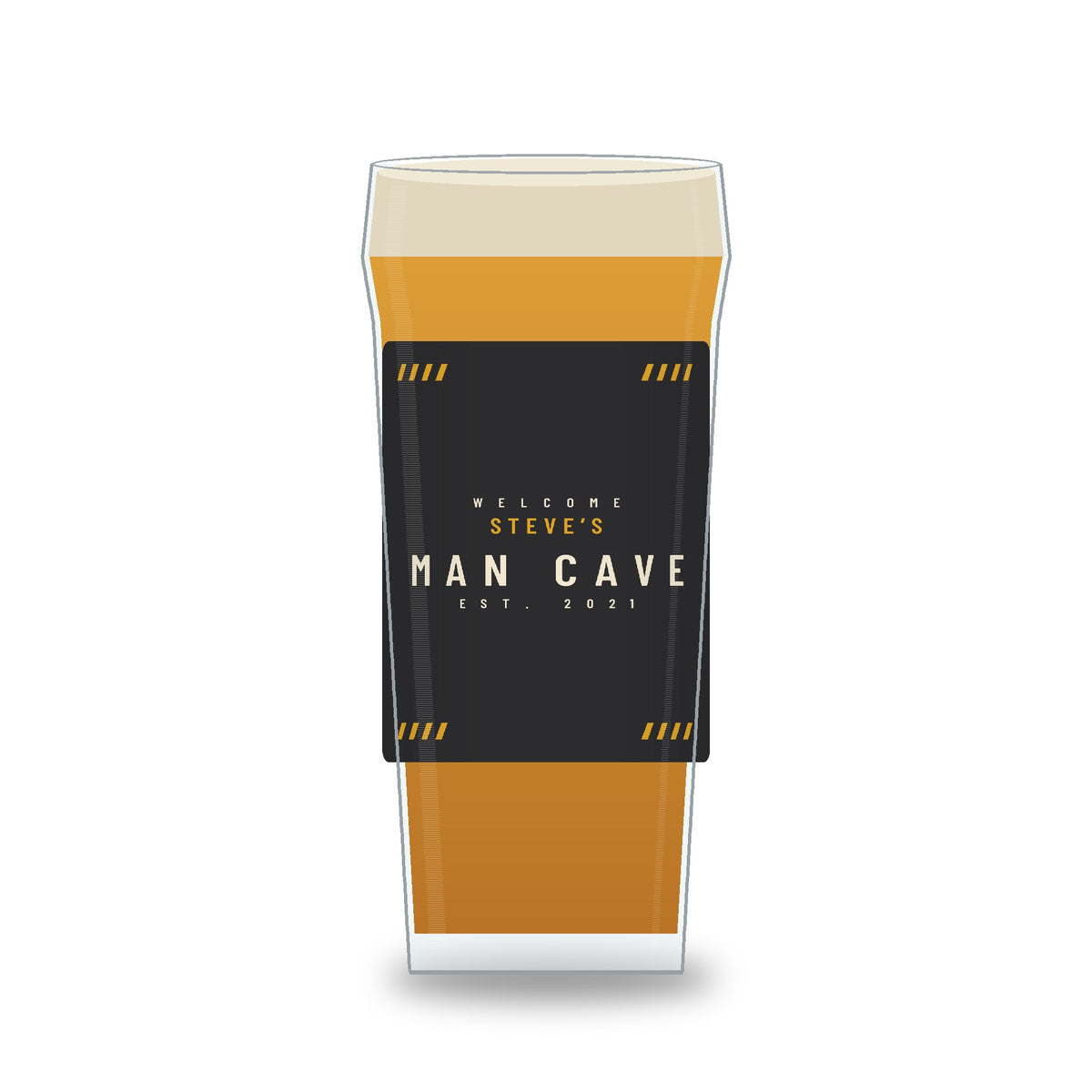 Personalised man cave pint glass printed with the name Steve’s