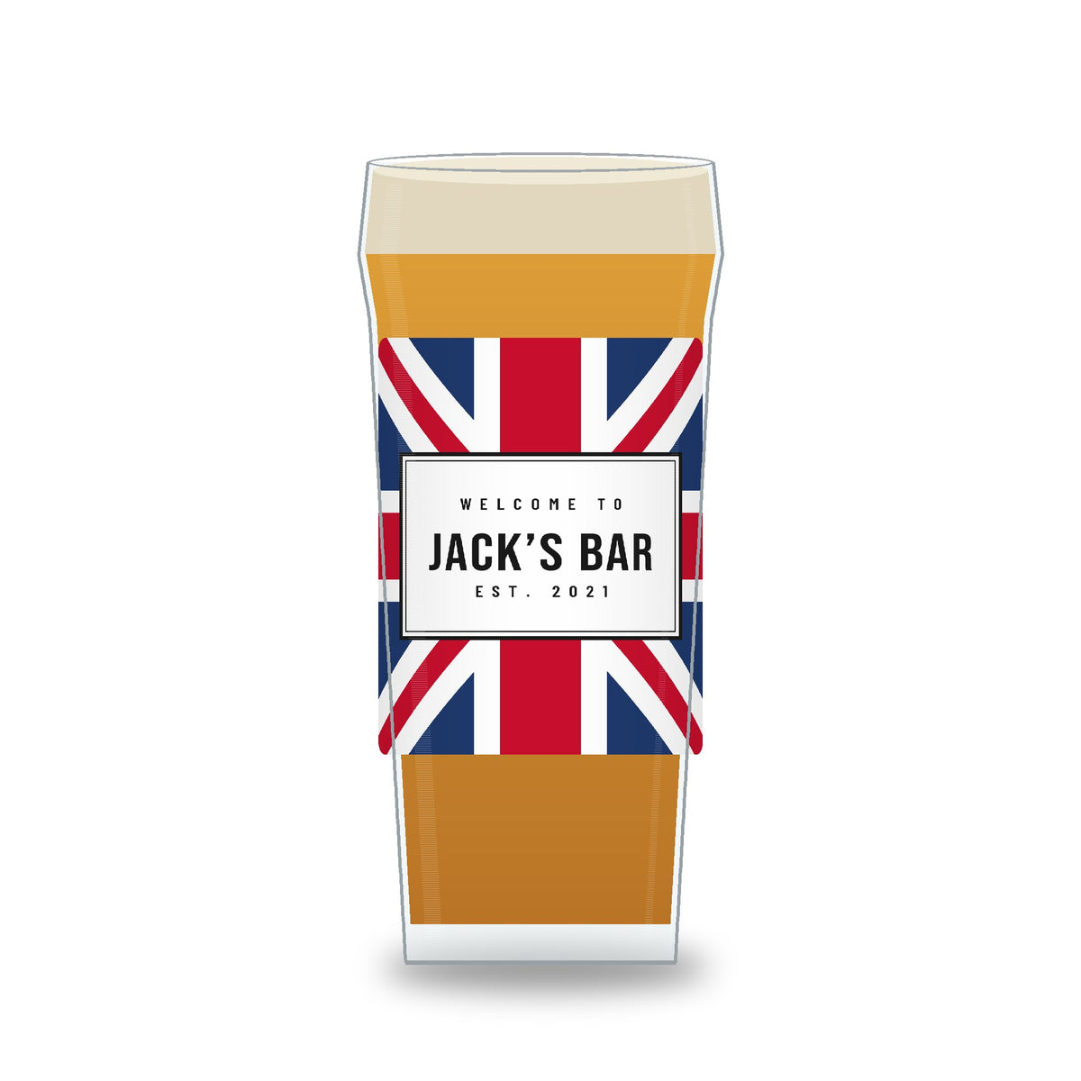 Personalised Union Jack bar pint glass printed with the name Jack’s Bar