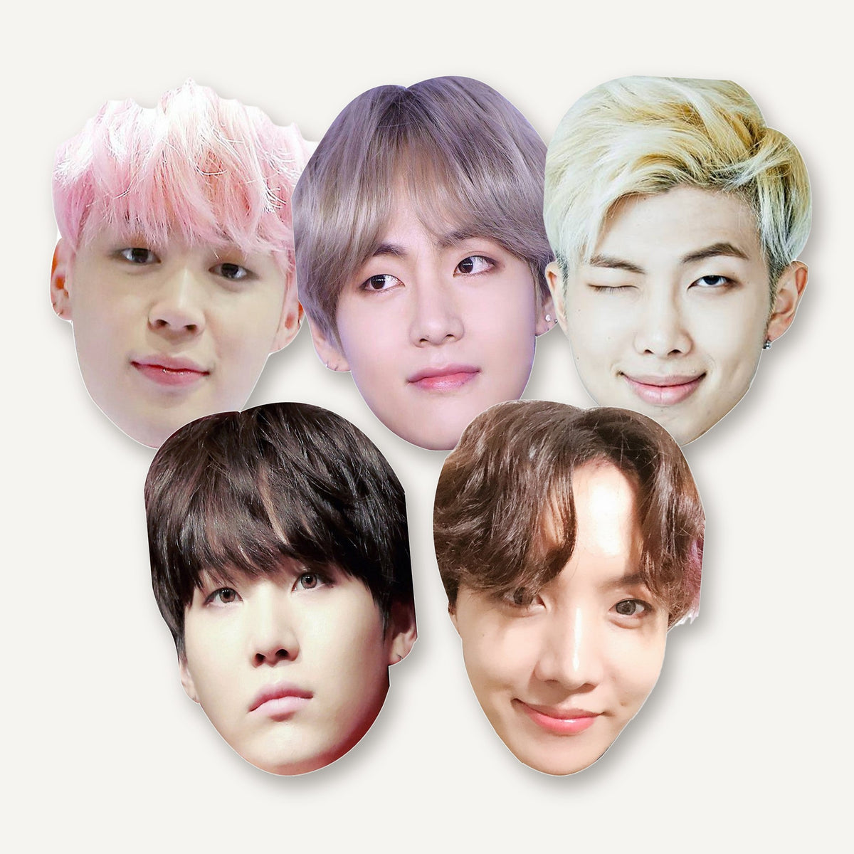 BTS face mask pack: five printed card masks of Jimin, V, RM, Suga and J-Hope side by side