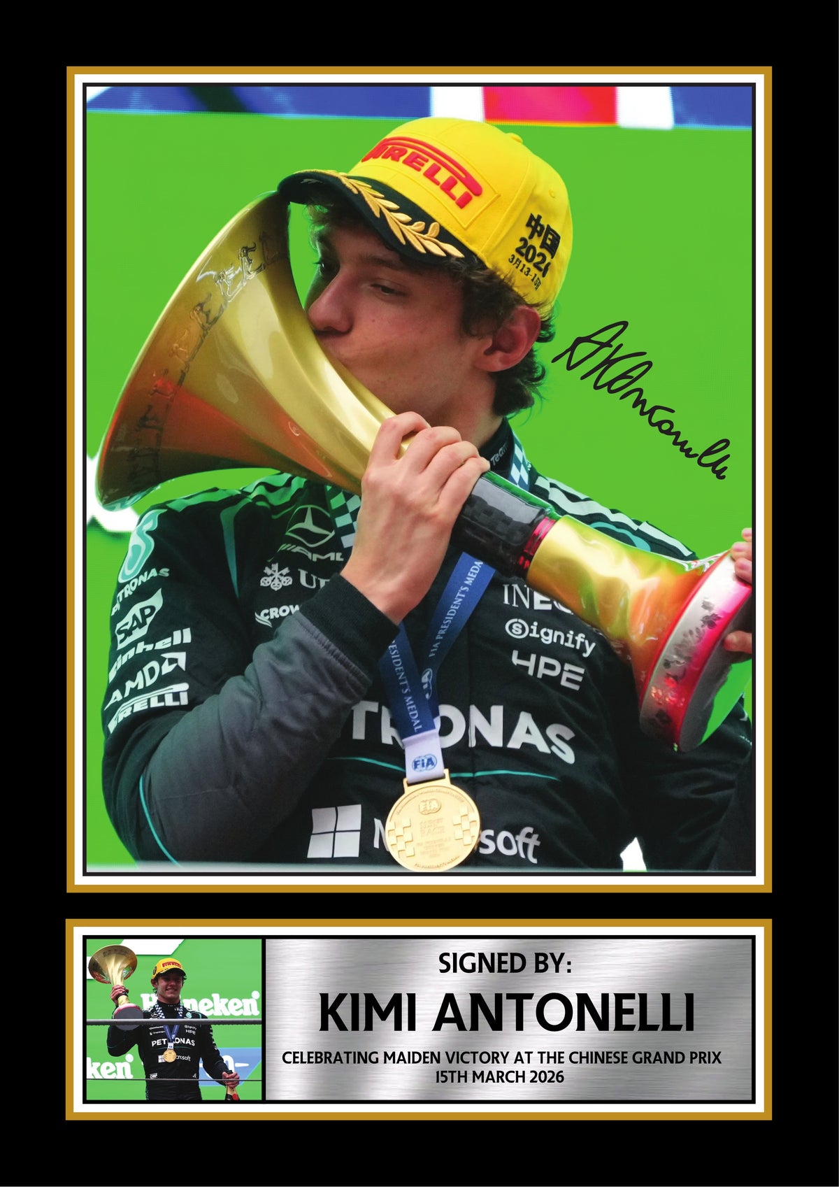 Kimi Antonelli Printed Signature Poster – Chinese Grand Prix 2026 Victory Poster – Motorsport Wall Art – Racing Champion Print for Fans – Kimi Antonelli Printed Signature Poster