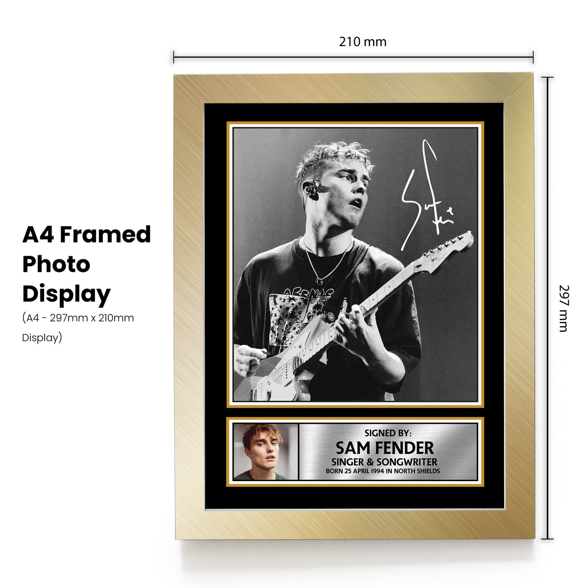 Sam Fender Poster Print – Unofficial Music Wall Art – A4 to A0 or Framed – Sam Fender poster print, design 1 shown in a gold frame, unofficial music wall art