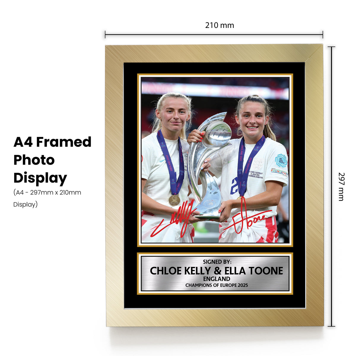 Chloe Kelly & Ella Toone Poster Print – Unofficial Football Wall Art – A4 to A0 or Framed – Chloe Kelly and Ella Toone poster print shown in a gold frame, unofficial sports wall art