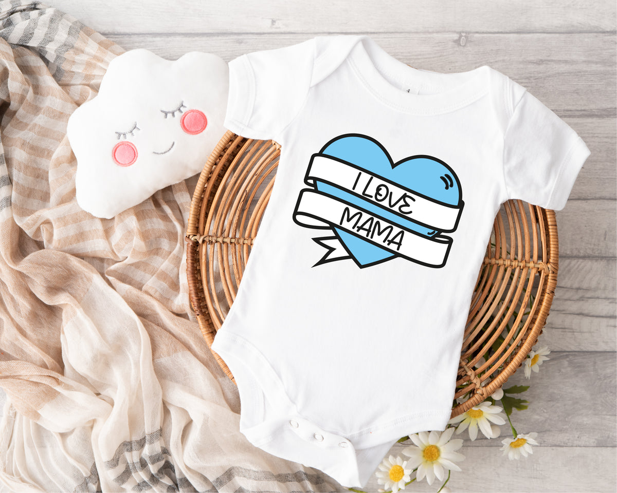 Personalised Mother's Day Baby Grow – Heart With Banner Design in Blue – with Baby's Name – Personalised Mother's Day baby grow with Heart With Banner design in blue, printed with baby's name