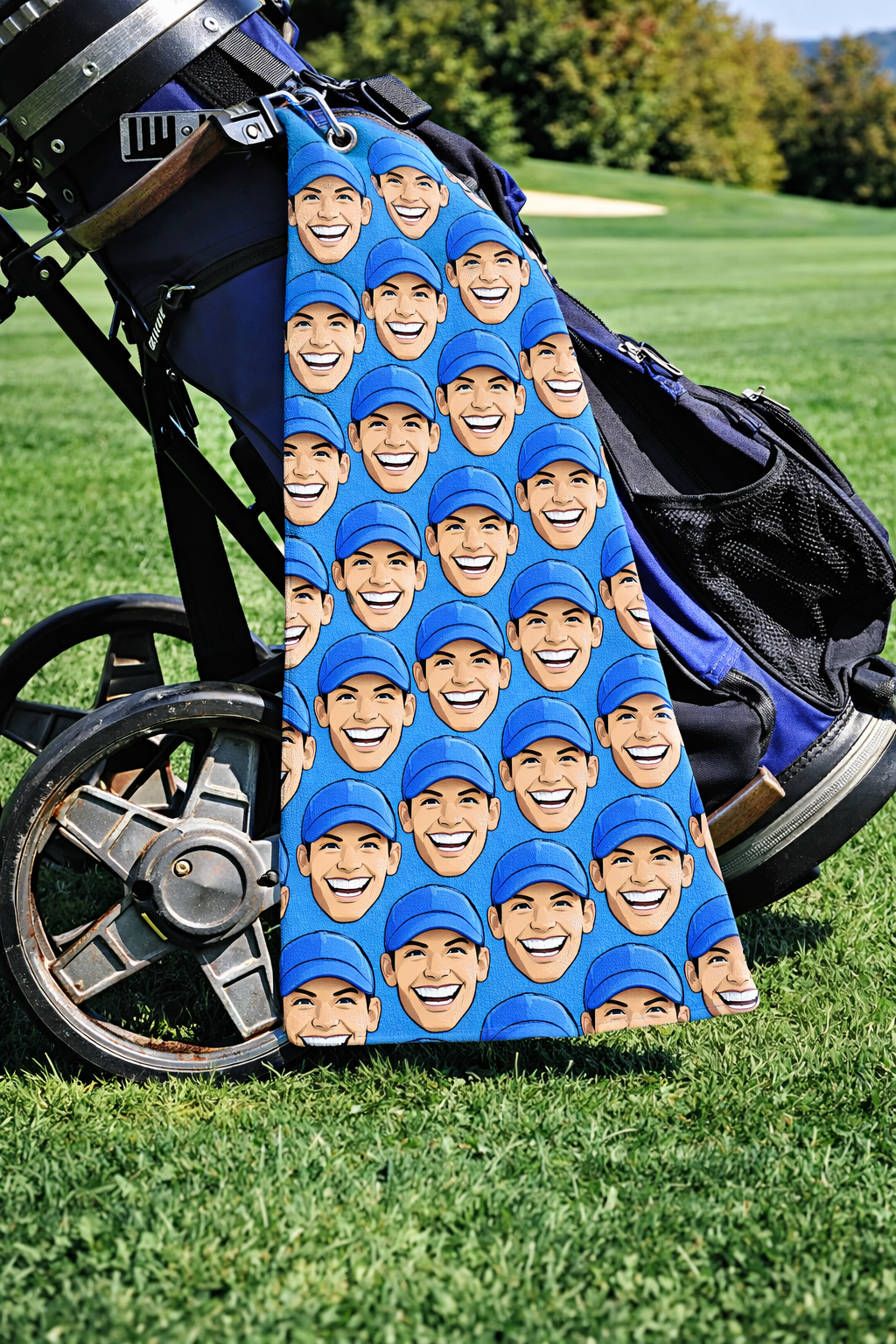 Personalised Photo Golf Towel – Your Face All Over – Funny Golf Gift – Personalised photo golf towel with a face printed all over, on a golf bag