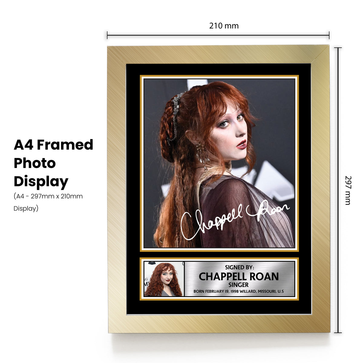 Chappell Roan Poster Print – Unofficial Music Wall Art – A4 to A0 or Framed – Chappell Roan poster print shown in a gold frame, unofficial music wall art