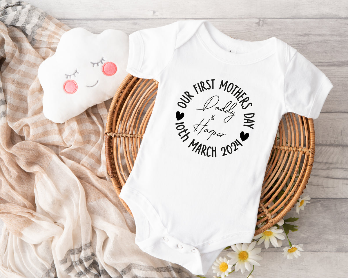 Personalised First Mother's Day Baby Grow – Our 1st Mother's Day Classic Design in Black – with Baby's Name – Personalised first Mother's Day baby grow with Our 1st Mother's Day Classic design in black, printed with baby's name