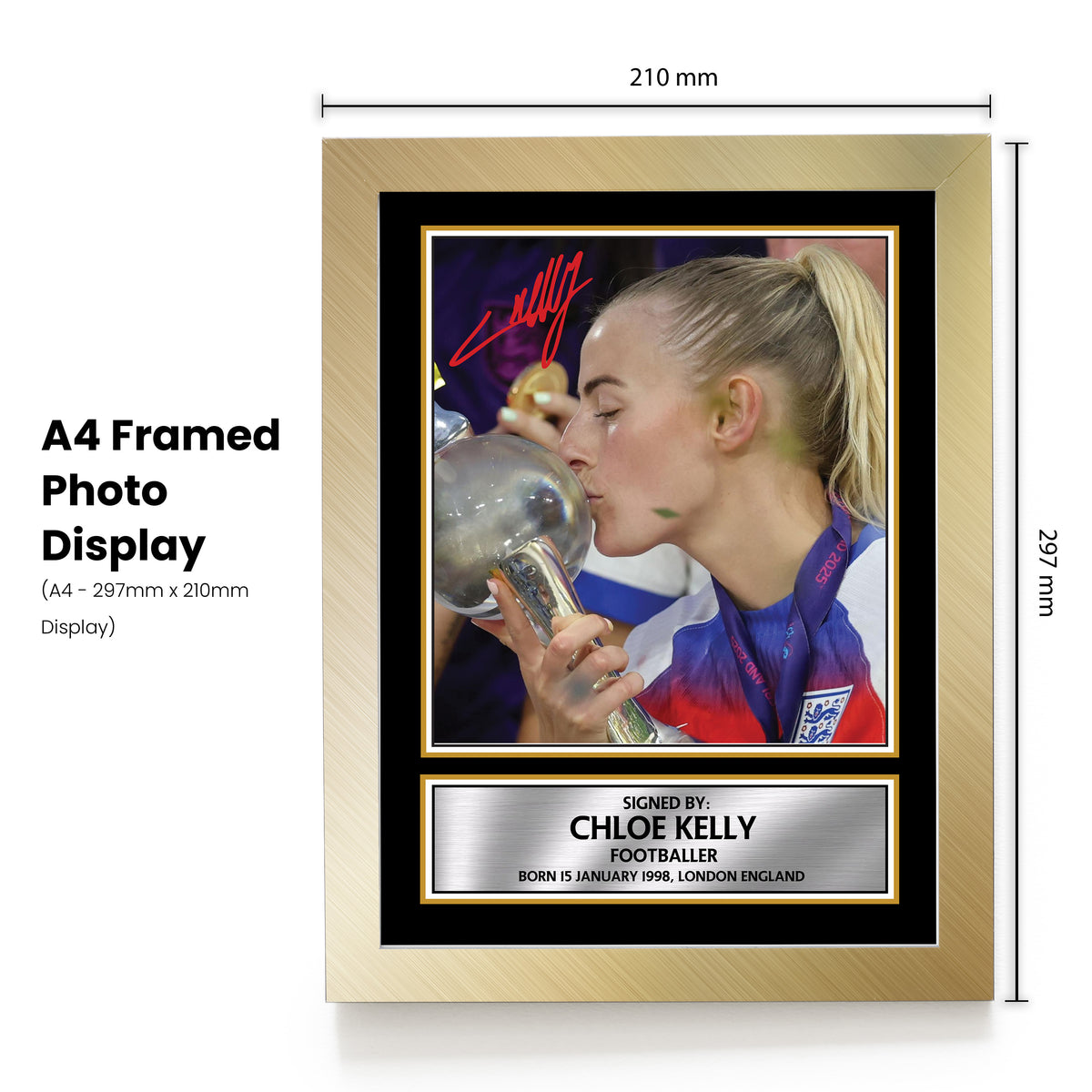 Chloe Kelly Poster Print – Unofficial Football Wall Art – A4 to A0 or Framed – Chloe Kelly poster print, design 1 shown in a gold frame, unofficial sports wall art