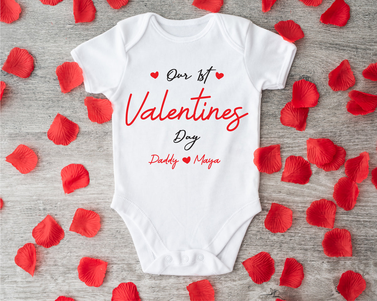 Personalised Our First Valentine's Day Baby Grow – Daddy & Baby Names – Valentine Keepsake – Our First Valentine's Day Daddy baby grow showing the printed design on the front