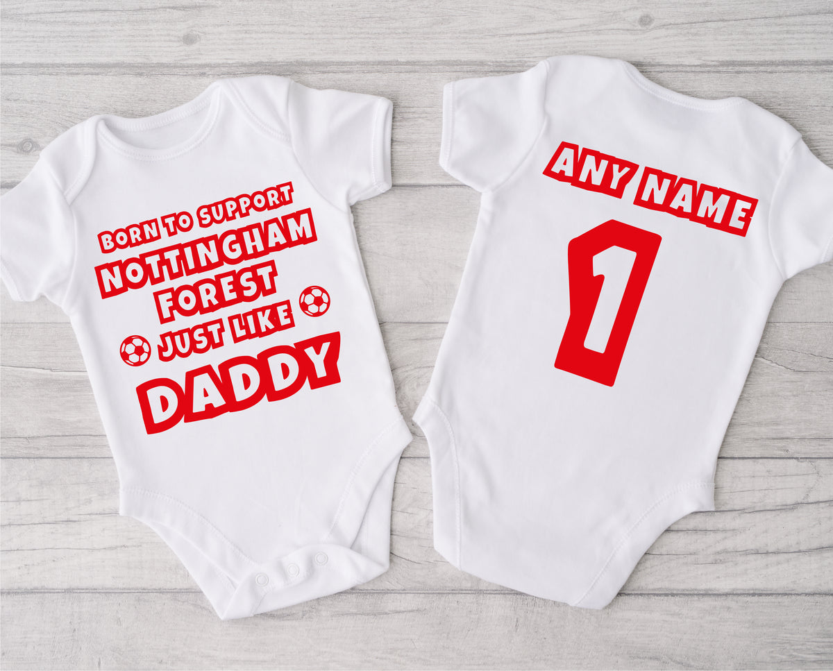 Personalised Football Baby Grow – Born to Support Like Daddy – for Nottingham Forest Fans – Personalised football baby grow with Born to Support Nottingham Forest like Daddy design, personalised with baby's name
