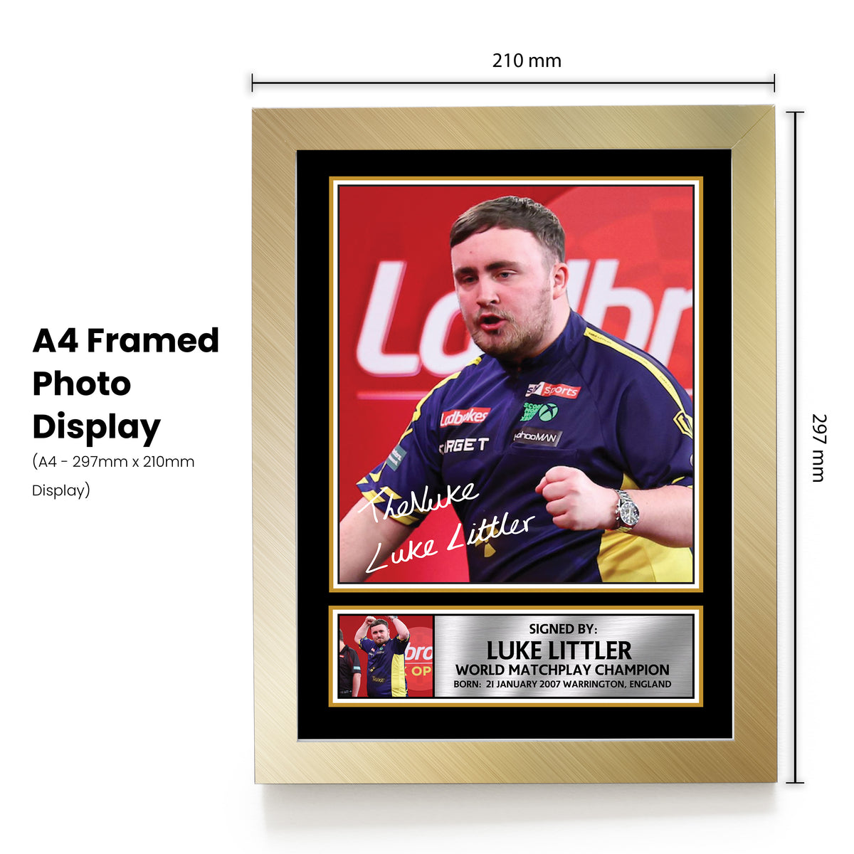 Luke Littler Poster Print – Unofficial Darts Wall Art – A4 to A0 or Framed – Luke Littler poster print, portrait shown in a gold frame, unofficial sports wall art