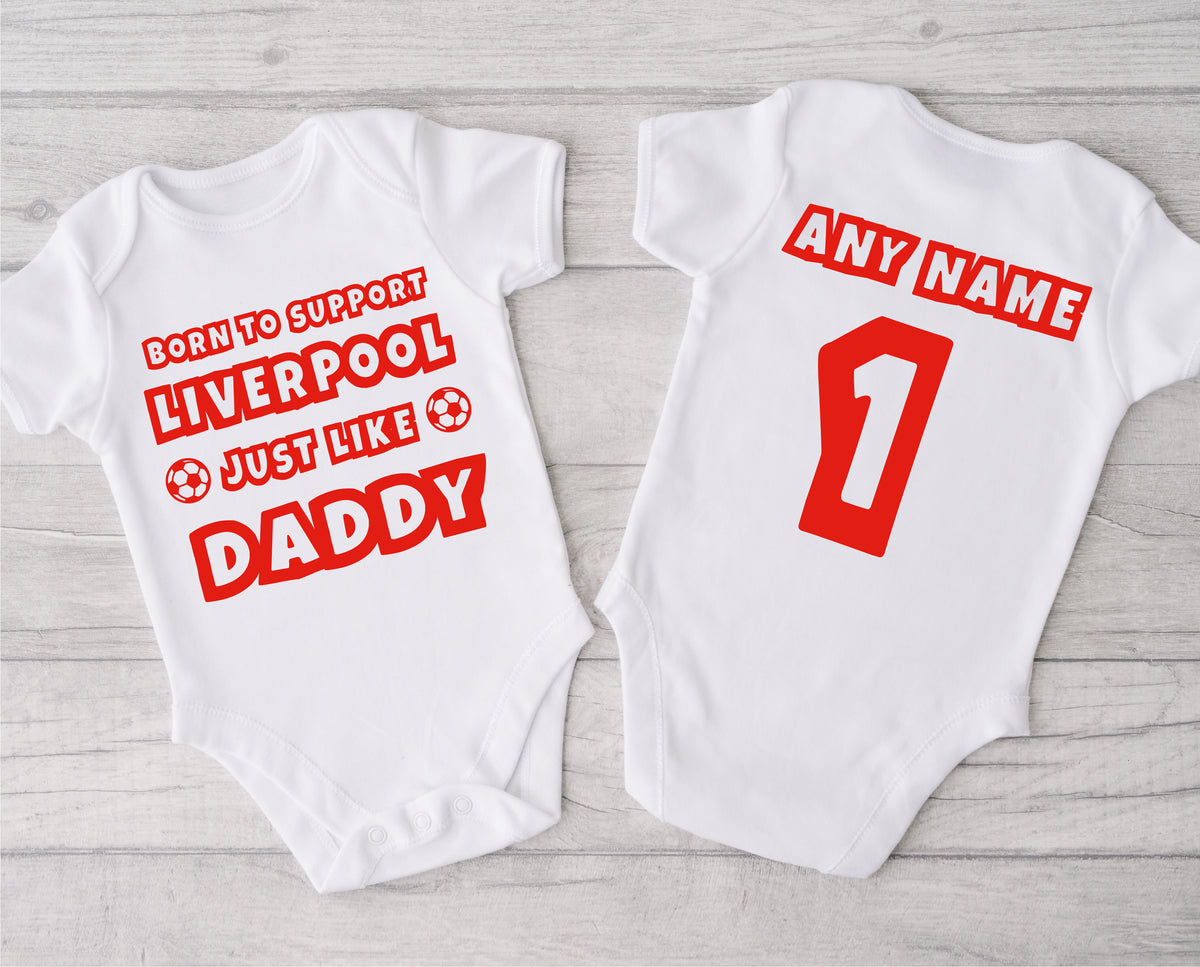 Personalised Football Baby Grow – Born to Support Like Daddy – for Liverpool Fans – Personalised football baby grow with Born to Support Liverpool like Daddy design, personalised with baby's name