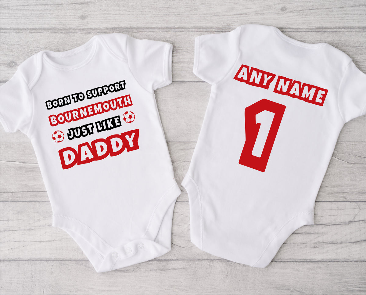 Personalised Football Baby Grow – Born to Support Like Daddy – for Bournemouth Fans – Personalised football baby grow with Born to Support Bournemouth like Daddy design, personalised with baby's name
