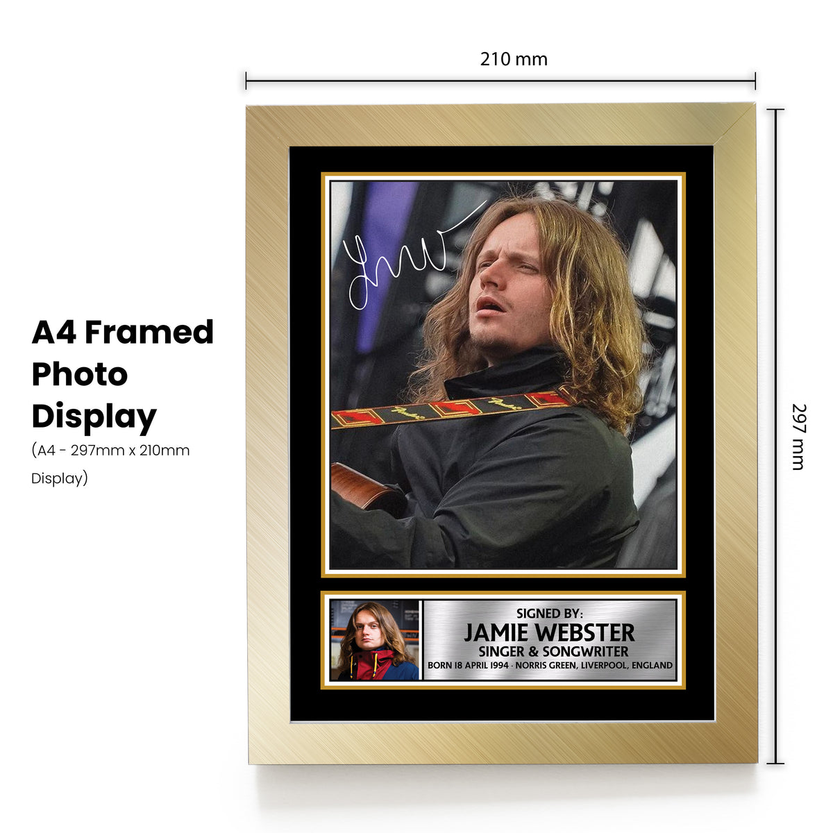Jamie Webster Poster Print – Unofficial Music Wall Art – A4 to A0 or Framed – Jamie Webster poster print, design 1 shown in a gold frame, unofficial music wall art