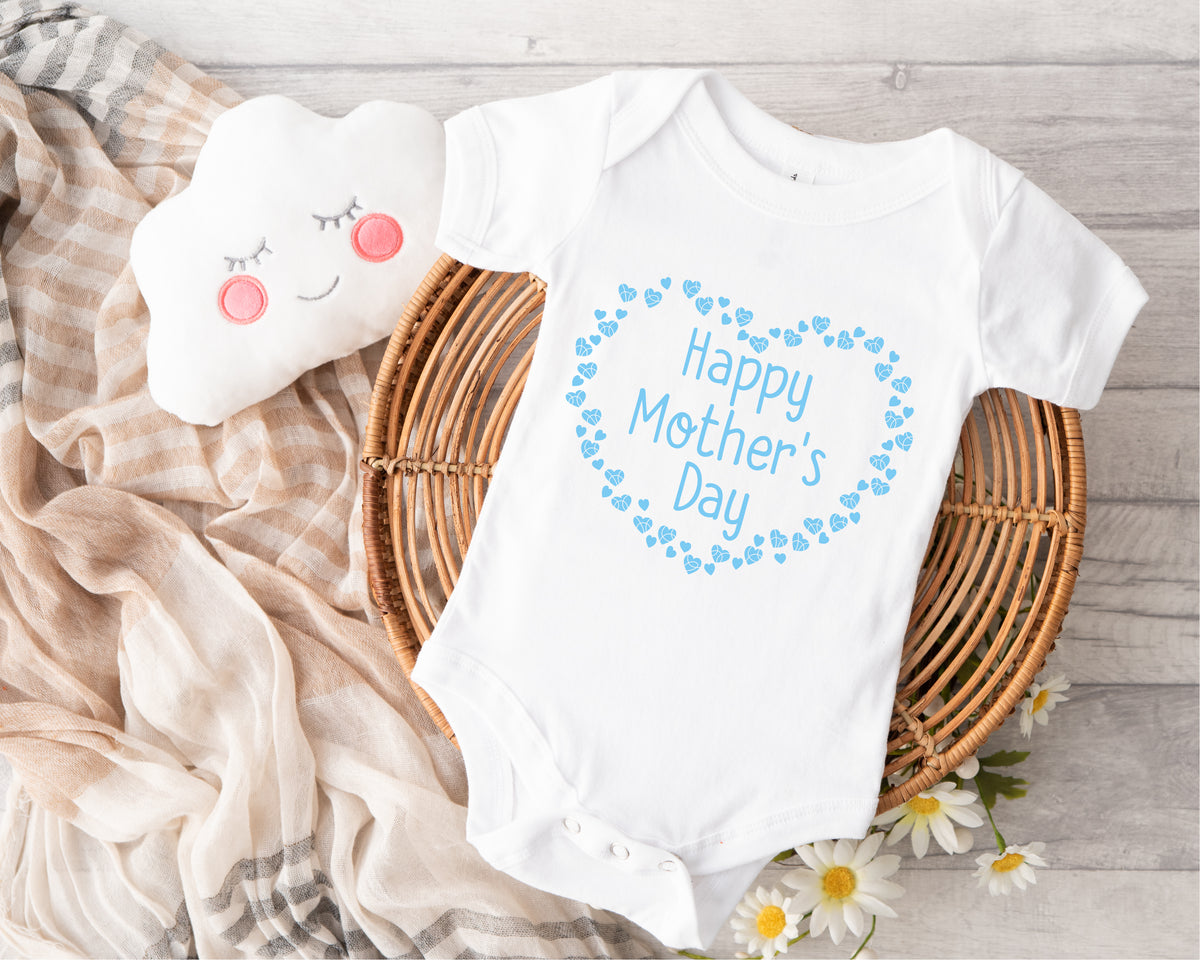 Personalised Mother's Day Baby Grow – Heart Wheel Design in Blue – with Baby's Name – Personalised Mother's Day baby grow with Heart Wheel design in blue, printed with baby's name