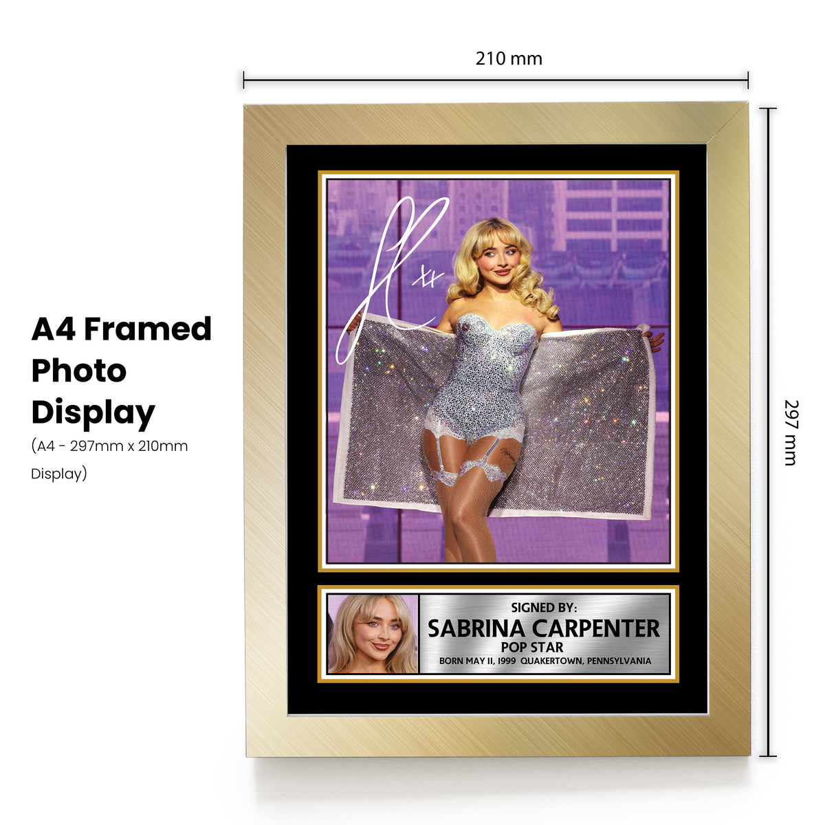 Sabrina Carpenter Poster Print – Unofficial Music Wall Art – A4 to A0 or Framed – Sabrina Carpenter poster print, design 1 shown in a gold frame, unofficial music wall art