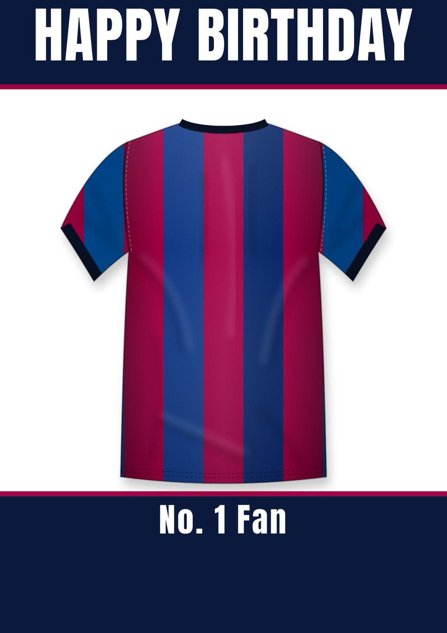 Personalised Blue & Claret Striped Football Shirt Birthday Card β No. 1 Fan Banner, A5 350gsm β Football shirt birthday card with a blue and claret striped shirt and No. 1 Fan banner