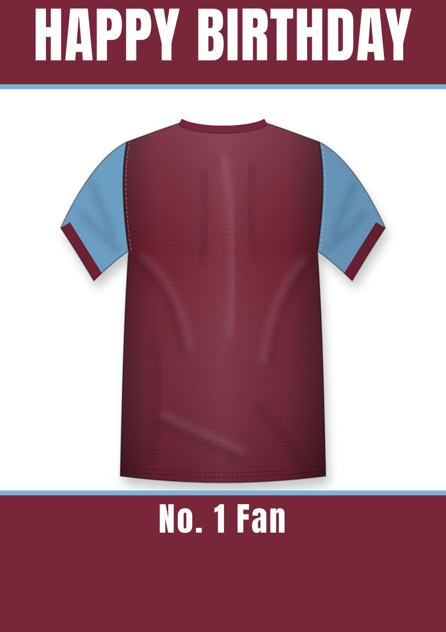 Personalised Claret Football Shirt with Sky-Blue Sleeves Birthday Card – No. 1 Fan Banner, A5 350gsm – Football shirt birthday card with a claret shirt with sky-blue sleeves and No. 1 Fan banner