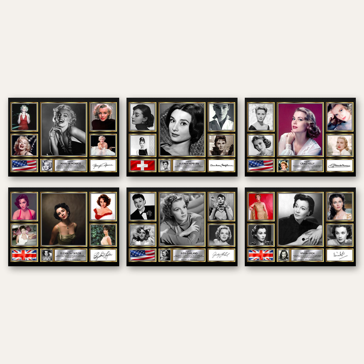 A6 classic film star poster card pack: six Hollywood actress cards in a grid