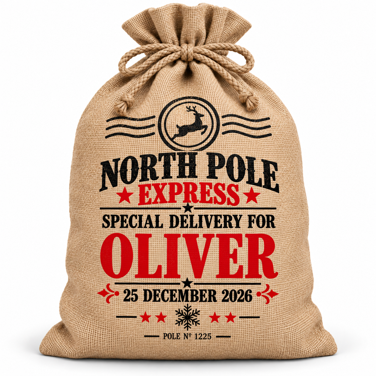Personalised North Pole Express Santa Sack XL EXTRA LARGE Custom Name white background mockup