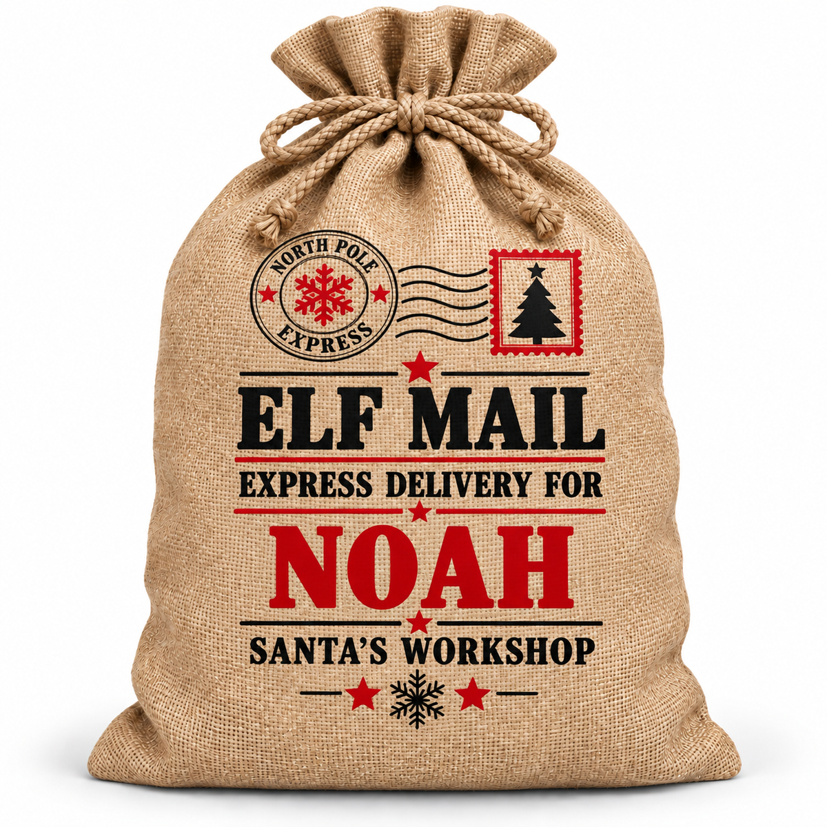 Personalised Elf Mail Noah Santa Sack XL EXTRA LARGE Custom Name white background mockup
