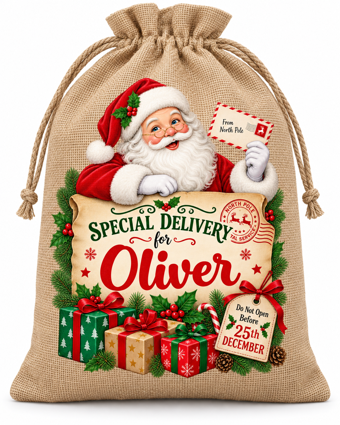 Personalised Special Delivery Oliver Santa Sack XL EXTRA LARGE Custom Name white background mockup