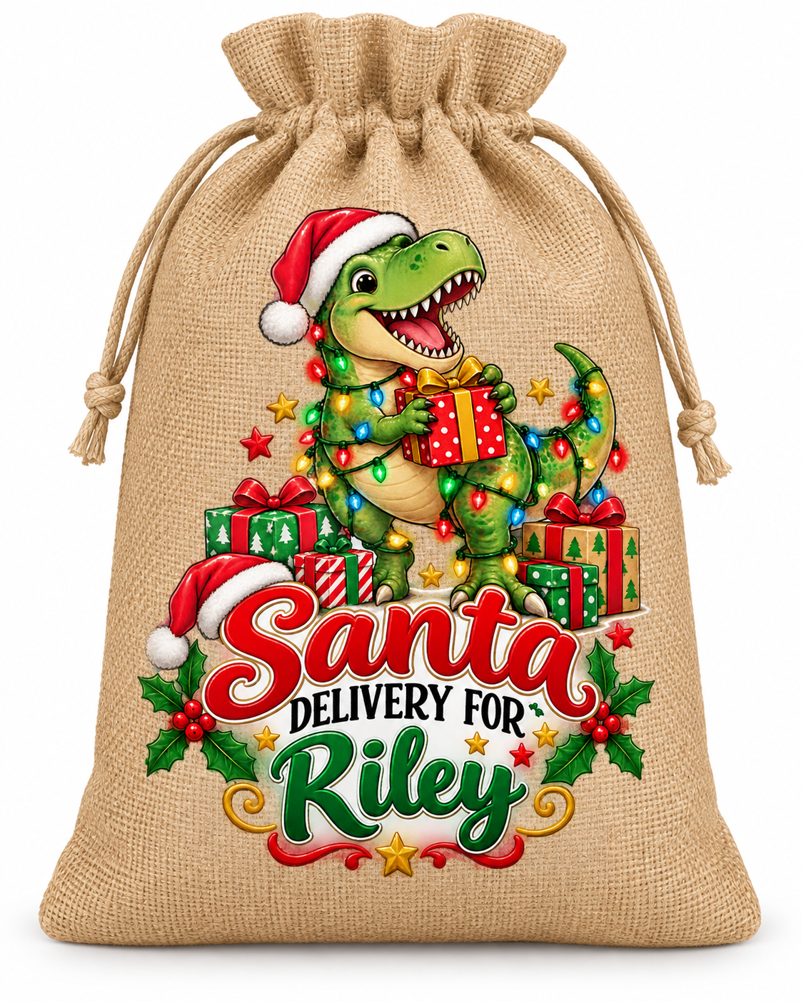 Personalised Dinosaur Delivery Riley Santa Sack XL EXTRA LARGE Custom Name white background mockup