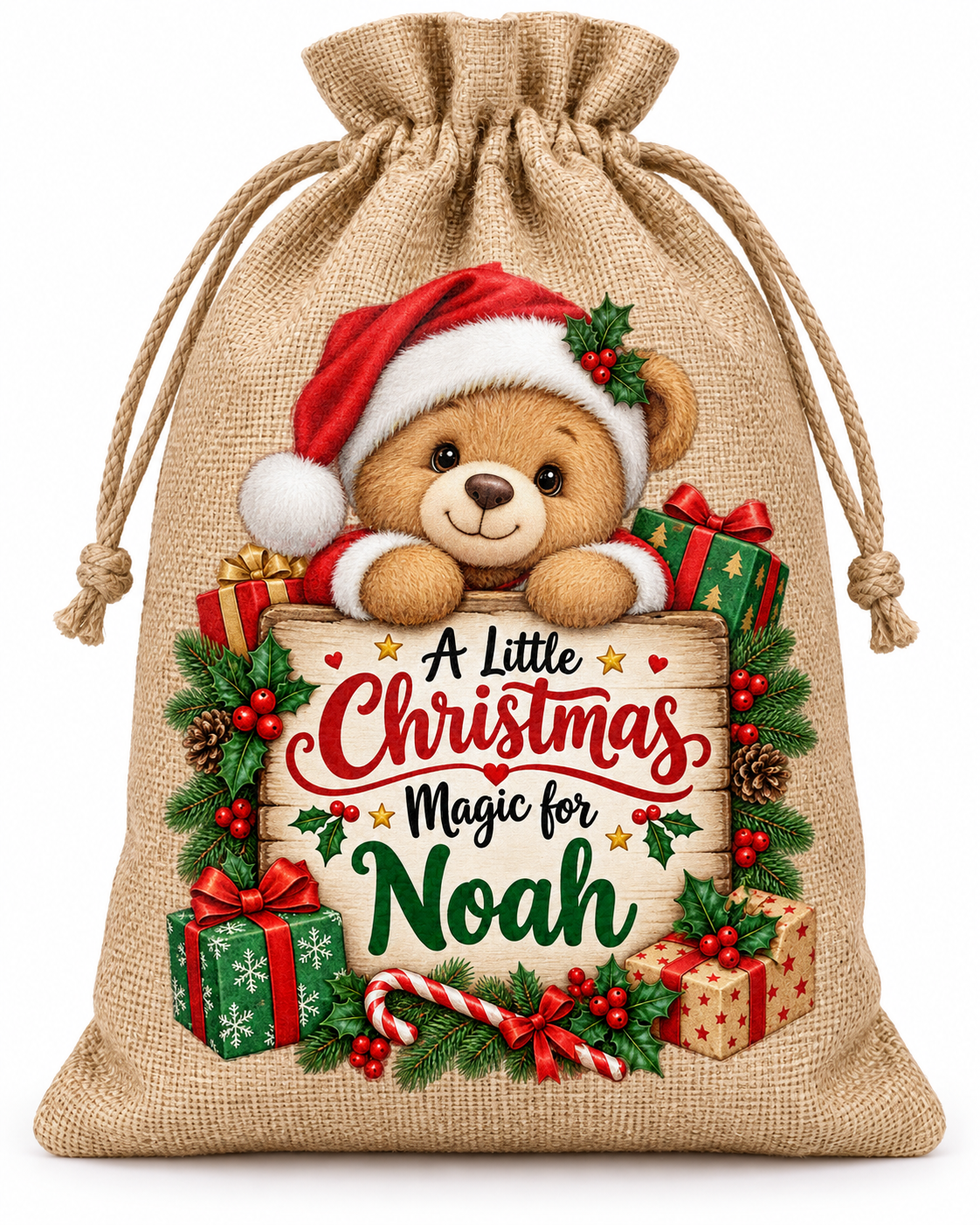 Personalised Christmas Magic Noah Santa Sack XL EXTRA LARGE Custom Name white background mockup