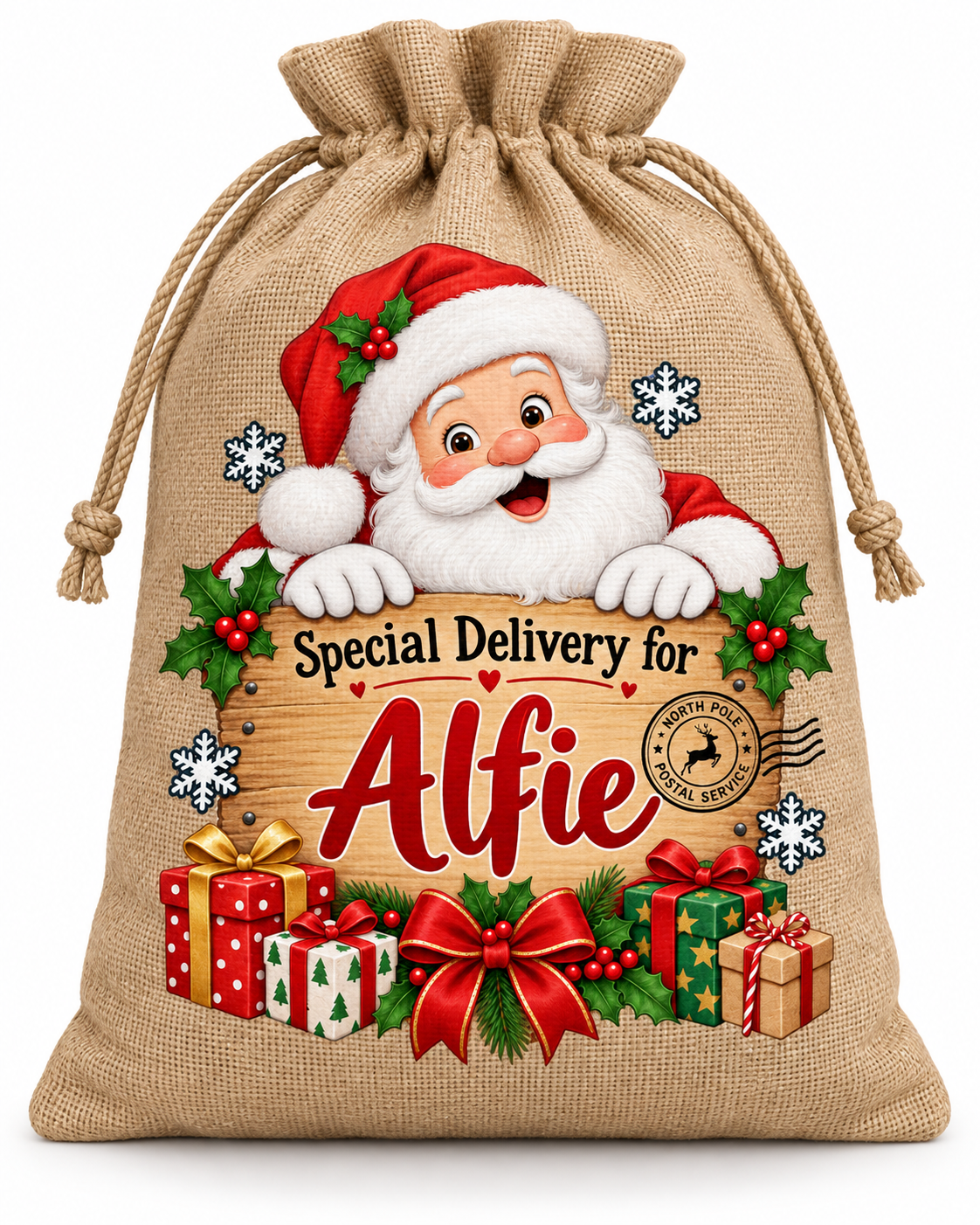 Personalised Special Delivery Alfie Santa Sack XL EXTRA LARGE Custom Name white background mockup