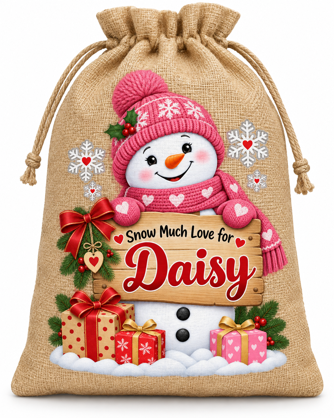 Personalised Snow Much Love Daisy Santa Sack XL EXTRA LARGE Custom Name white background mockup