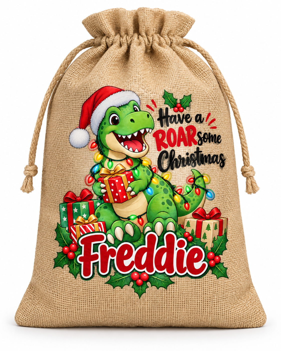 Personalised Roarsome Christmas Freddie Santa Sack XL EXTRA LARGE Custom Name white background mockup
