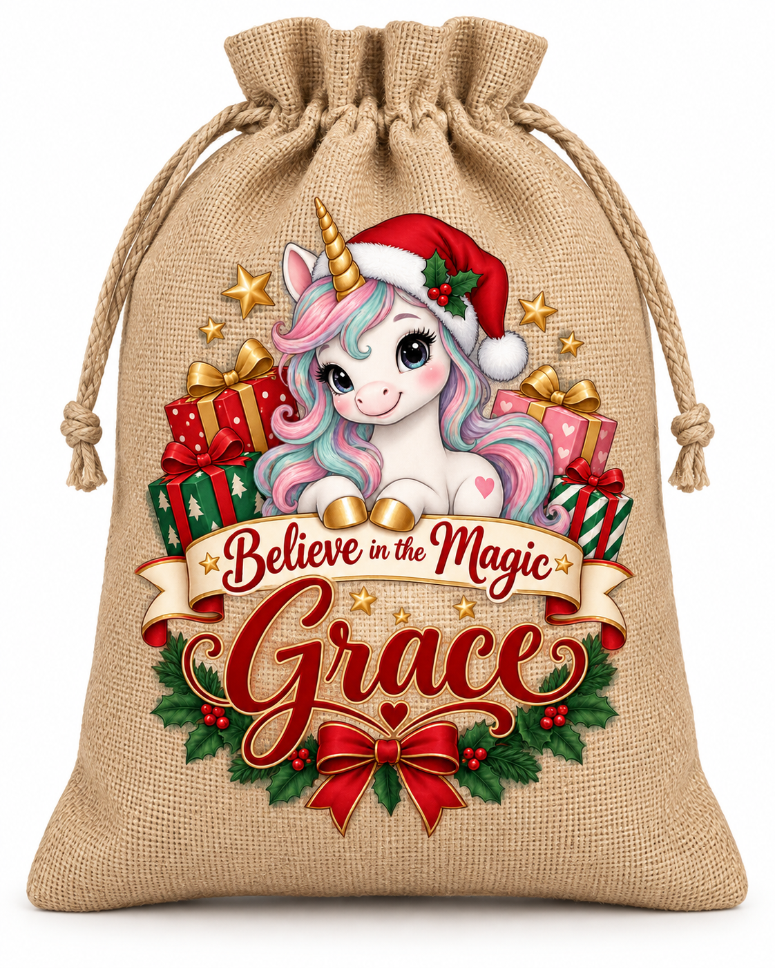 Personalised Believe in Magic Grace Santa Sack XL EXTRA LARGE Custom Name white background mockup