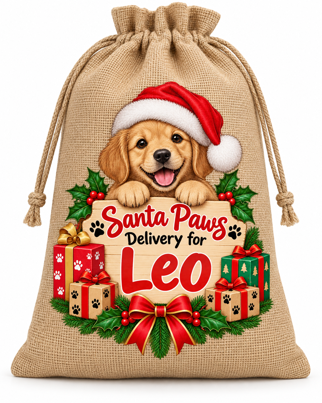 Personalised Santa Paws Leo Santa Sack XL EXTRA LARGE Custom Name white background mockup