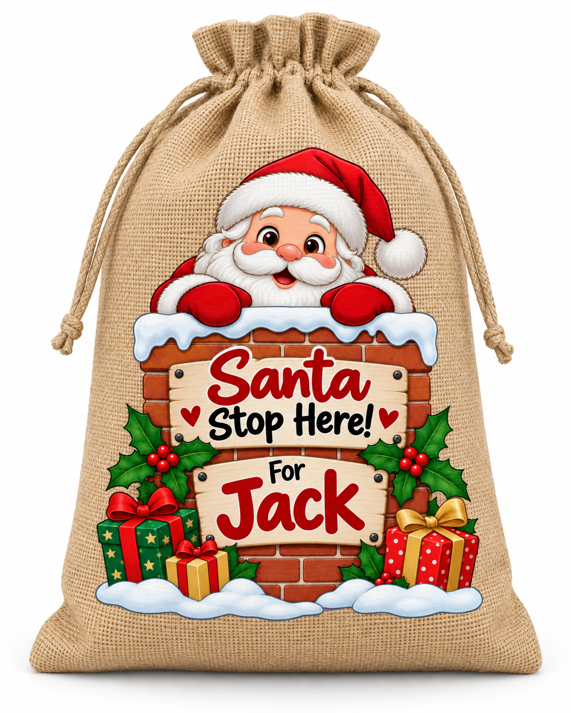 Personalised Santa Stop Here Jack Santa Sack XL EXTRA LARGE Custom Name white background mockup