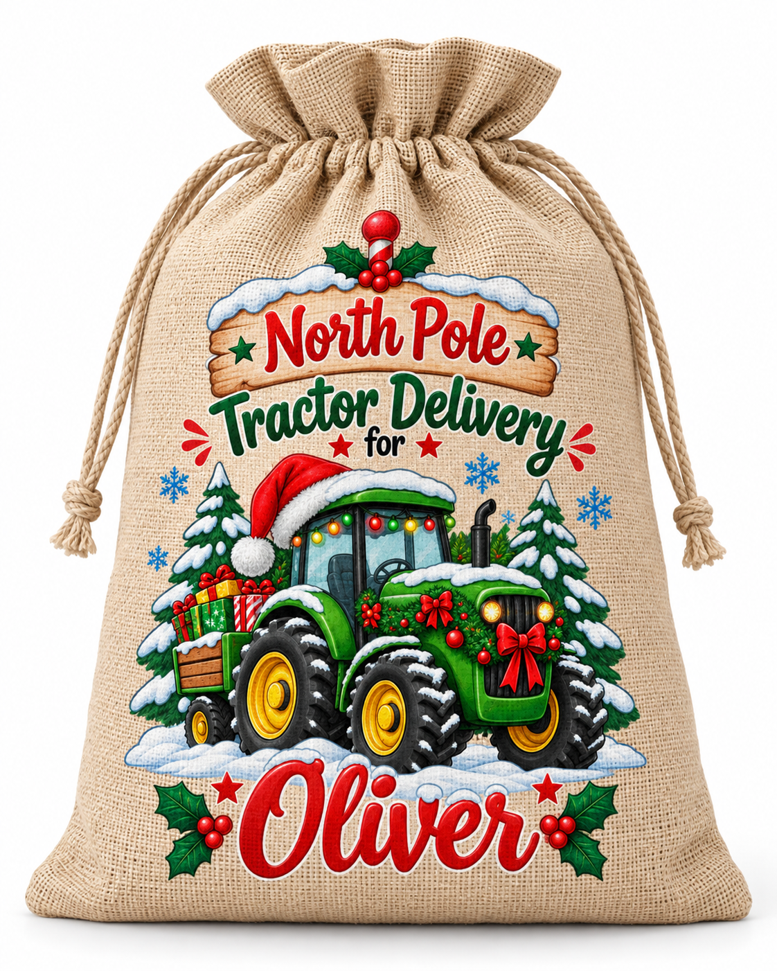 Personalised North Pole Tractor Oliver Santa Sack XL EXTRA LARGE Custom Name white background mockup