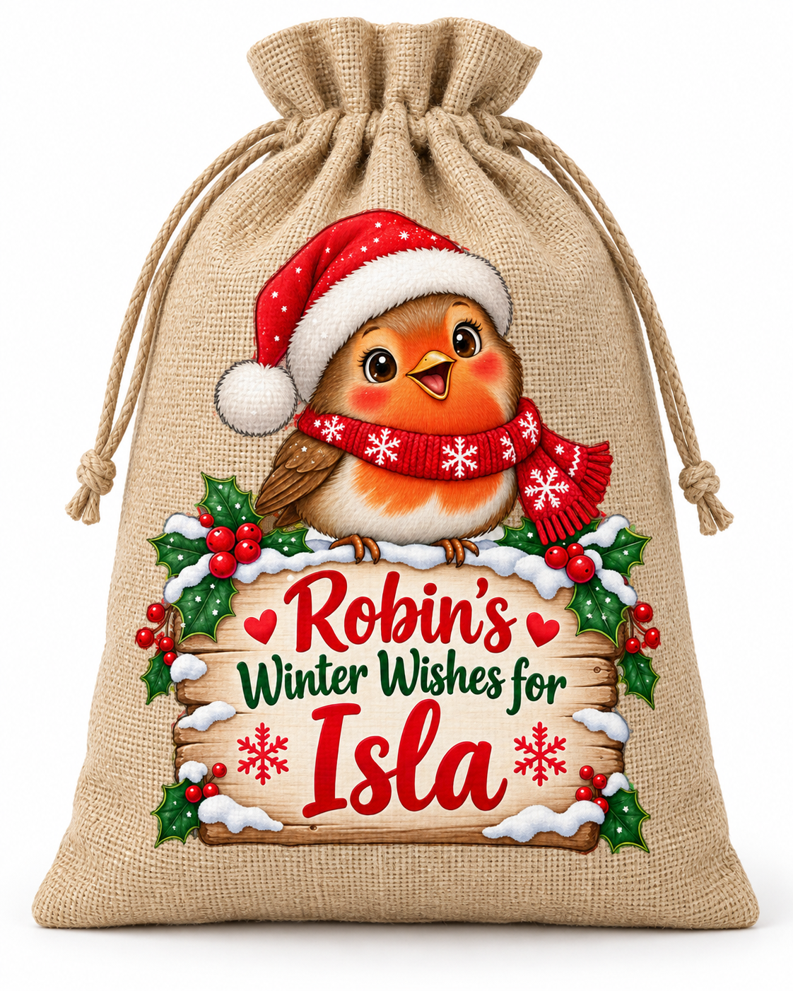 Personalised Robin Winter Wishes Isla Santa Sack XL EXTRA LARGE Custom Name white background mockup