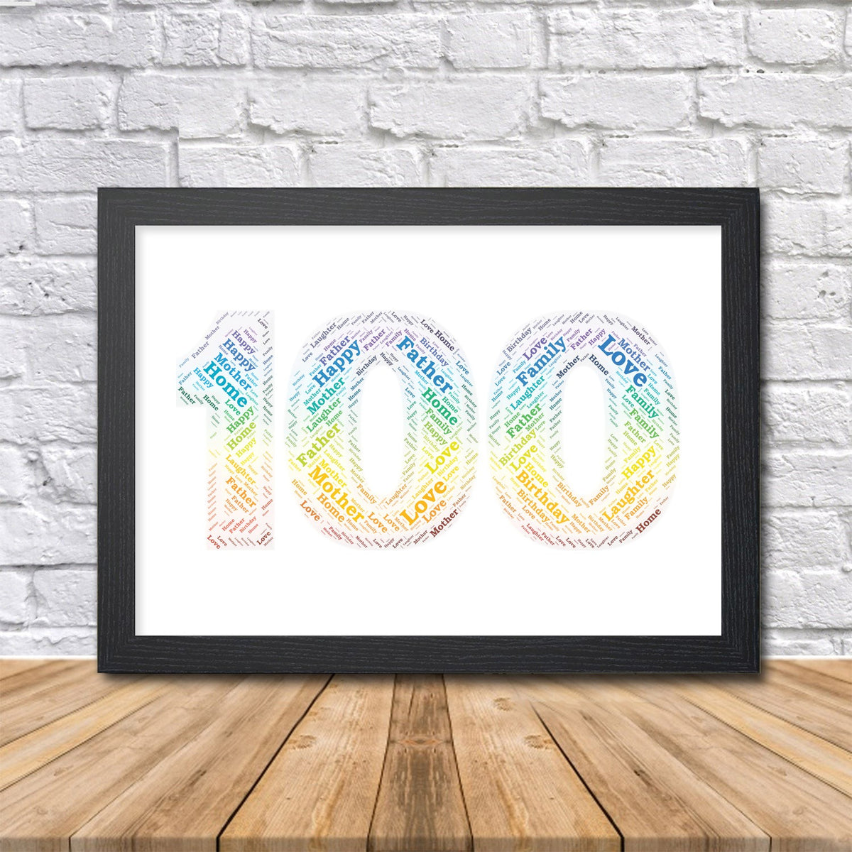 Personalised 100th birthday rainbow word art print, number 100 in a black frame