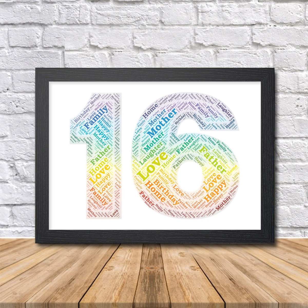 Personalised 16th birthday rainbow word art print, number 16 in a black frame