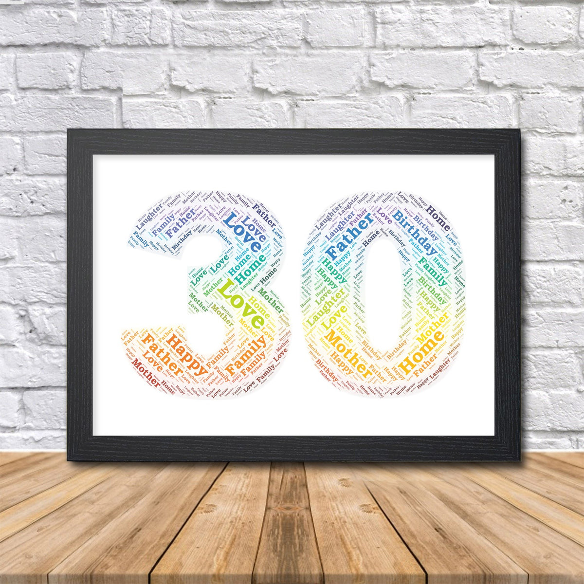 Personalised 30th birthday rainbow word art print, number 30 in a black frame