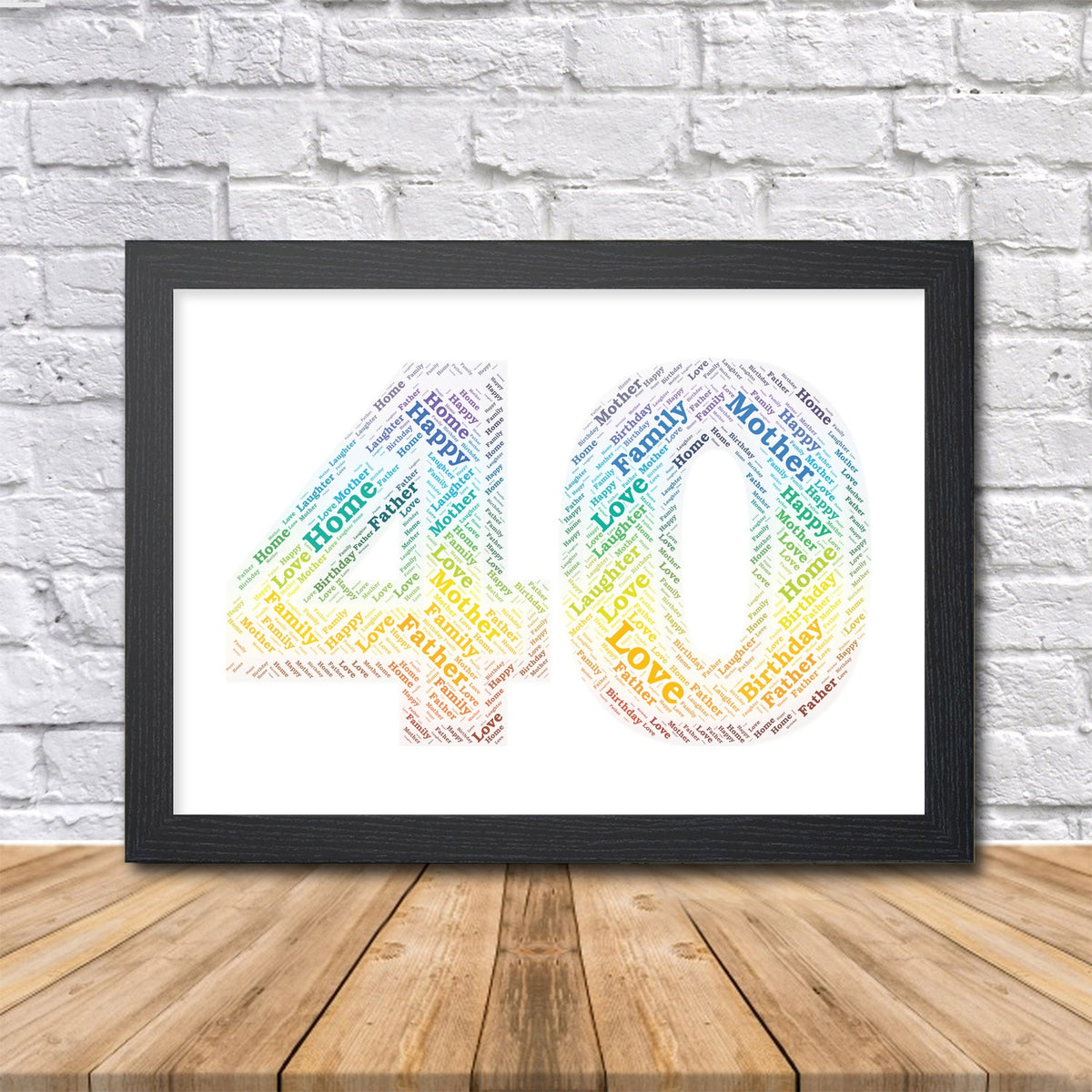 Personalised 40th birthday rainbow word art print, number 40 in a black frame